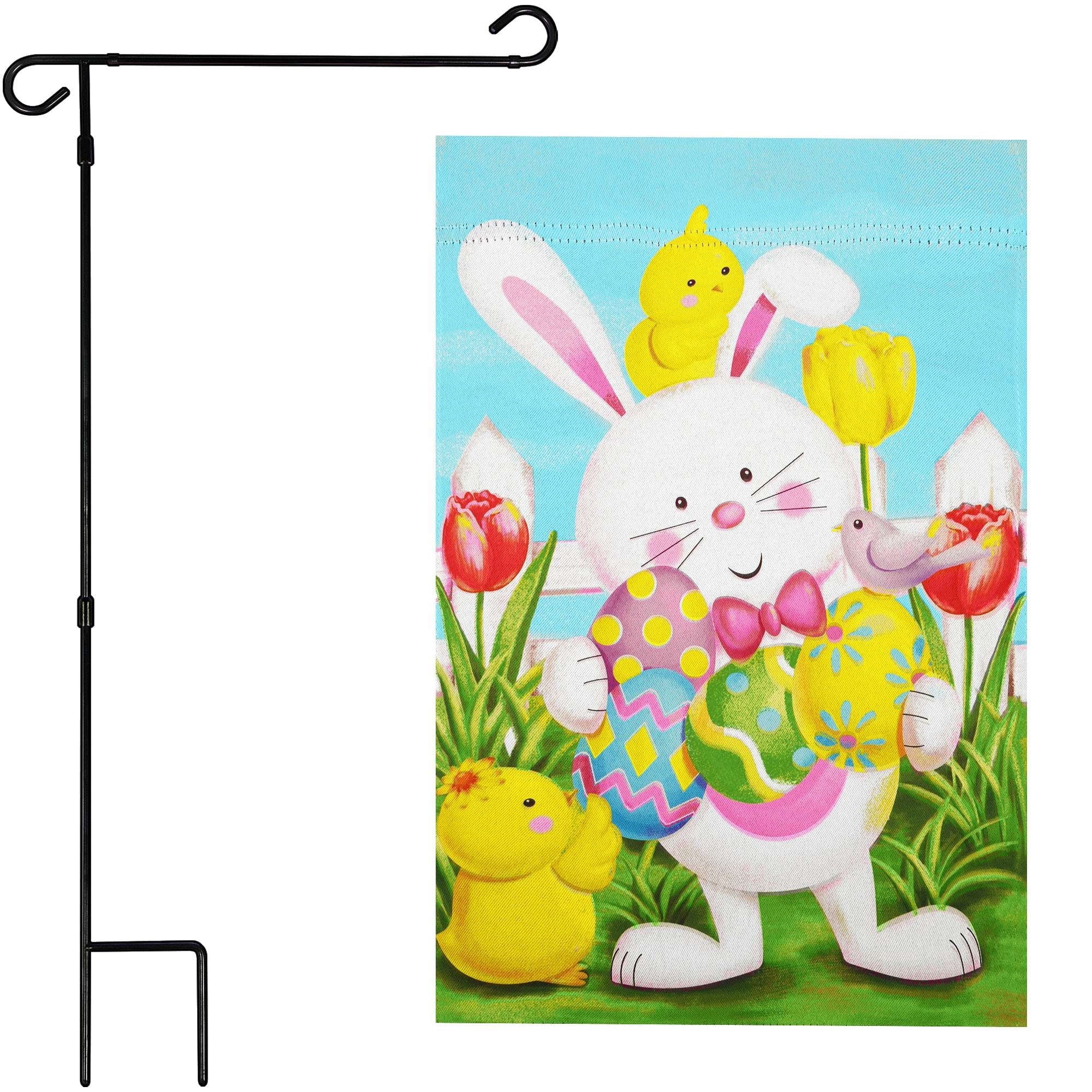 G128 2sets: 36"x16" Flag Stand & 12"x18" Double Sided Easter Bunny with Eggs Garden Flag Outdoor