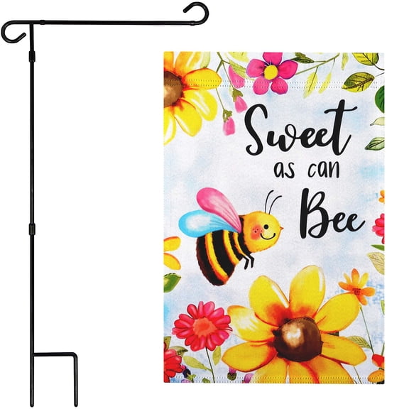 G128 Combo Pack: Garden Flag Stand 36x16IN & Garden Flag Sweet Bee Flowers Printed 12x18IN Double Sided