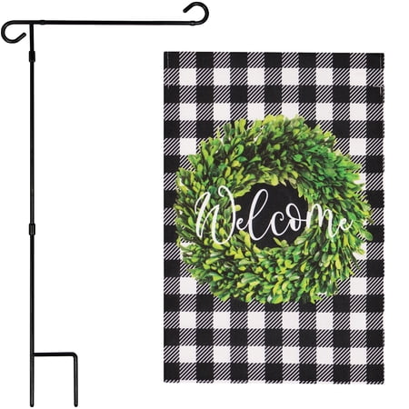 G128 Combo Pack: Garden Flag Stand Black 36 in x 16 in & Garden Flag Everyday Decoration Welcome Wreath 12"x18" Double-Sided Burlap Fabric