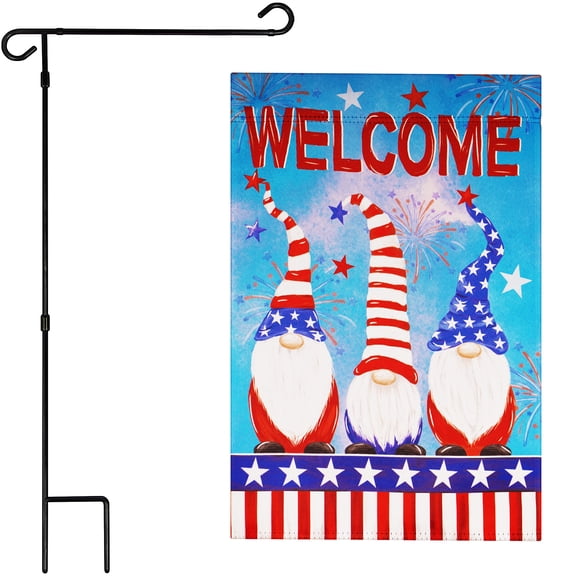 G128 Combo Pack: Garden Flag Stand Black 36 in x 16 in & Garden Flag Patriotic Decoration Welcome 3 Gnomes 12"x18" Double-Sided Blockout Fabric