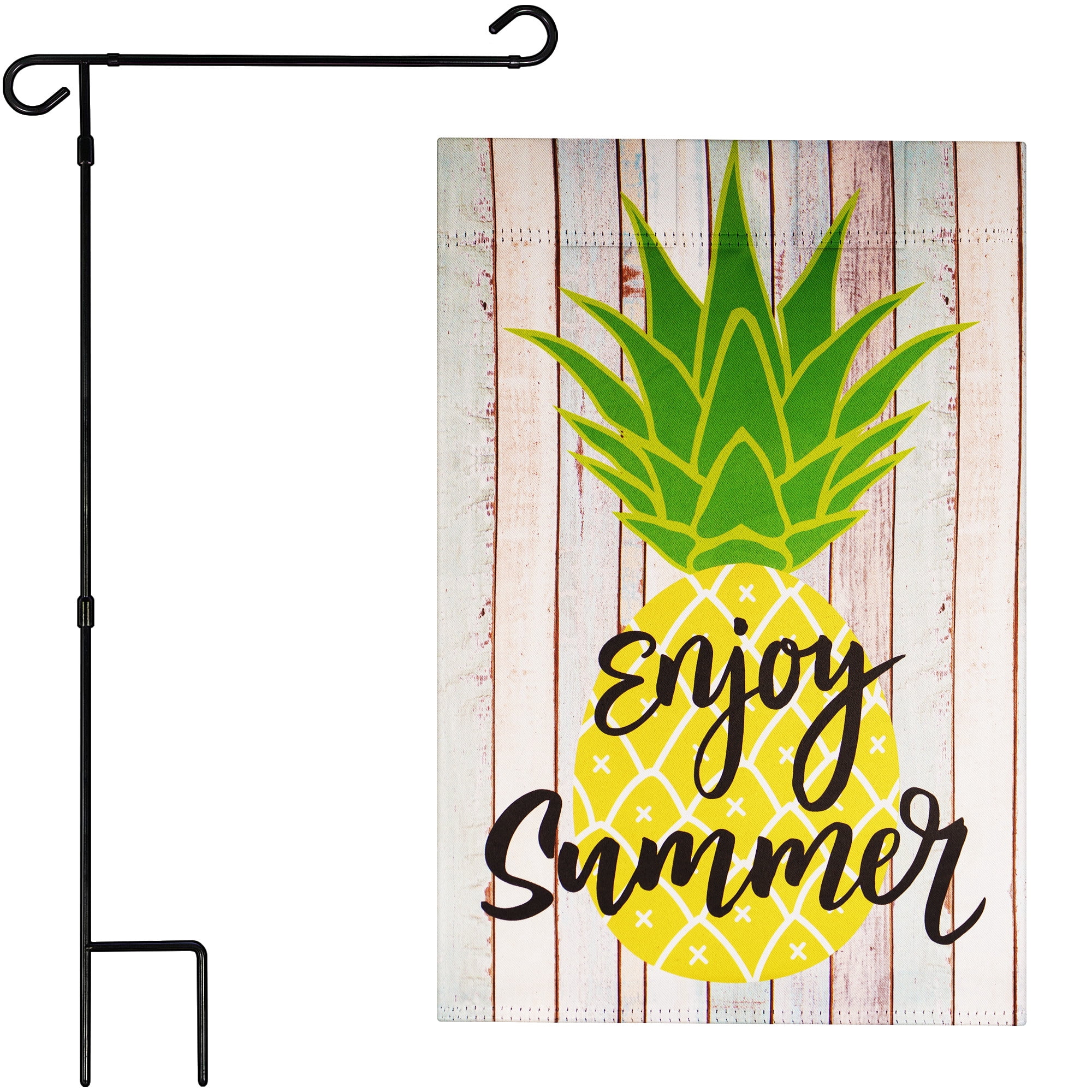 G128 Combo Pack: Garden Flag Stand Black 36 in x 16 in & Garden Flag Summer Decoration Enjoy Summer Pineapple 12"x18" Double-Sided Blockout Fabric