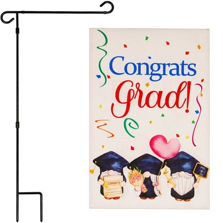 G128 Combo Pack: Garden Flag Stand Black 36 in x 16 in & Garden Flag Congrats Grad Decoration Three Gnomes Graduating 12"x18" Double-Sided Burlap Fabric