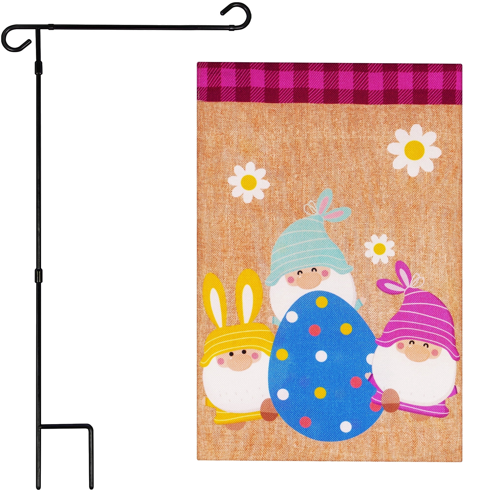 G128 2sets: 36"x16" Flag Stand & 12"x18" Double Sided Gnomes with Easter Egg Garden Flag Decoration