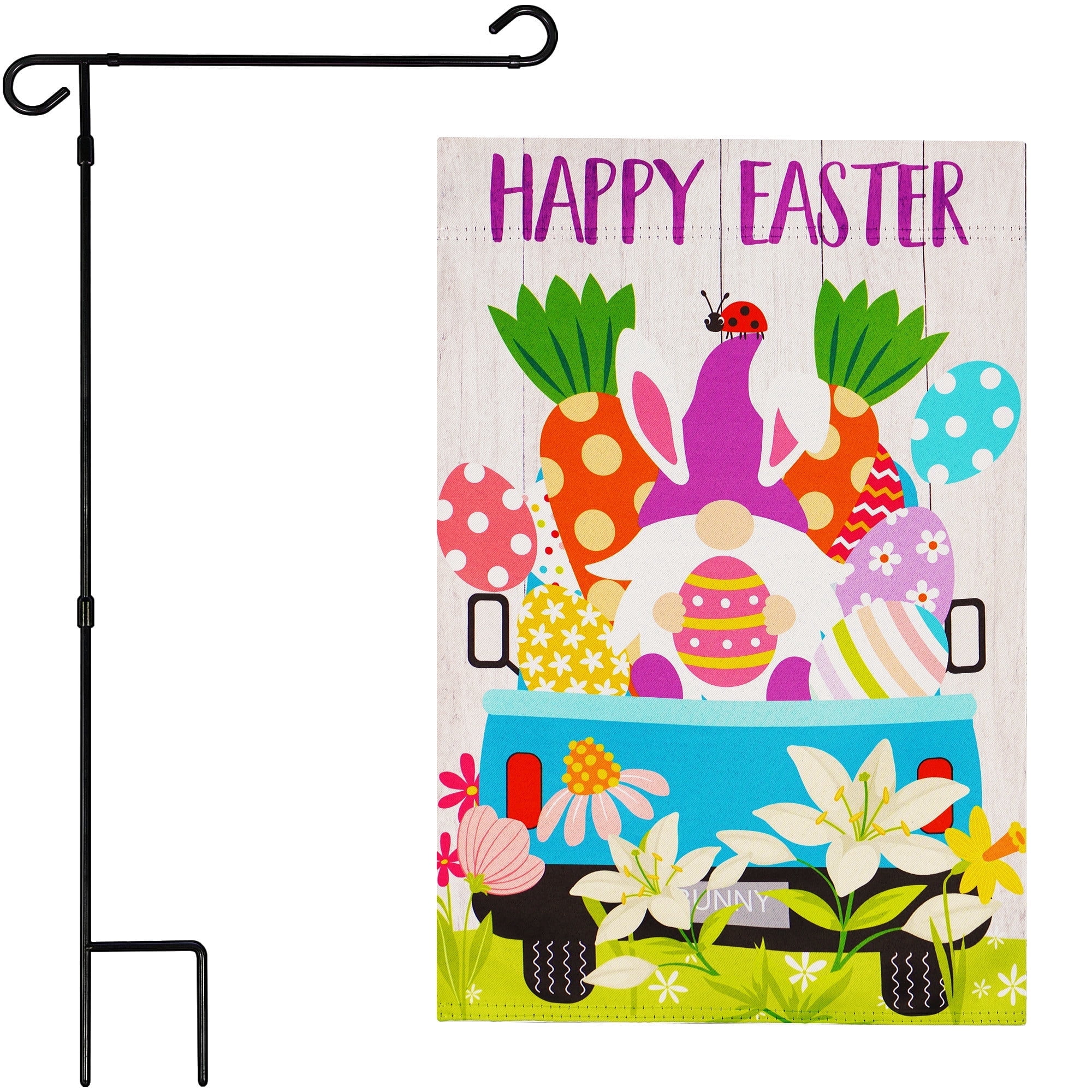 G128 2sets: 36"x16" Flag Stand & 12"x18" Double Sided Gnome Truck Garden Flag Easter Polyester