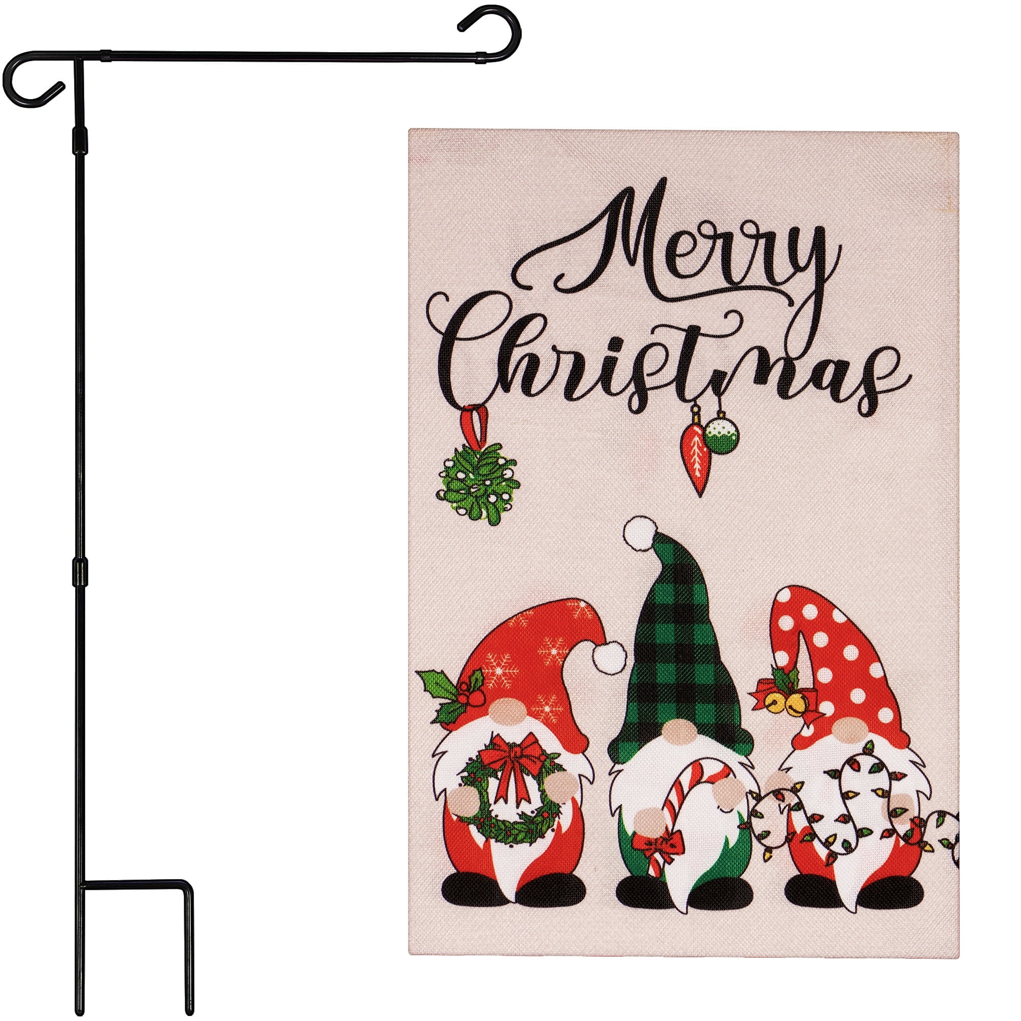 G128 2sets: 36"x16" Garden Yard Flag Stand Black & 12"x18" Double-Sided Christmas Garden Flag Gnomes