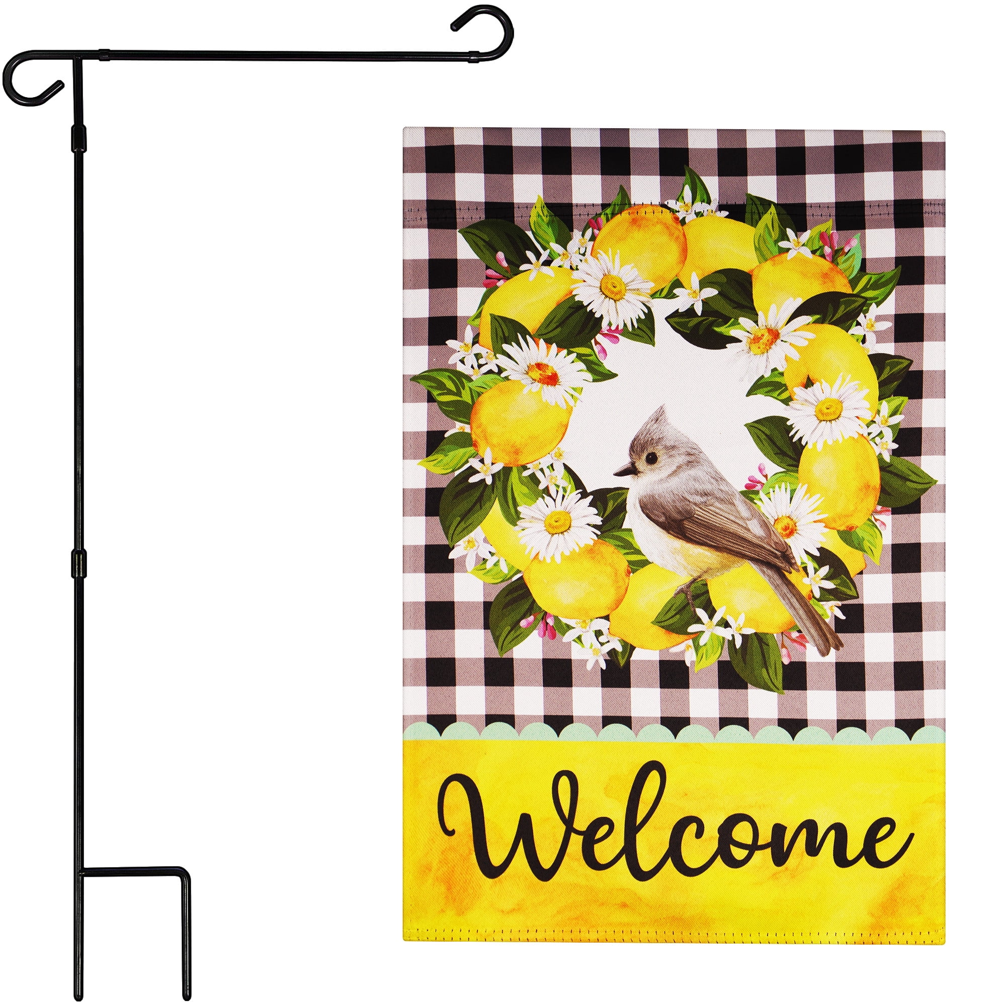 G128 Combo Pack: Garden Flag Stand Black 36 in x 16 in & Garden Flag Summer Decoration Welcome Bird with Fruit Wreath 12"x18" Double-Sided Blockout Fabric