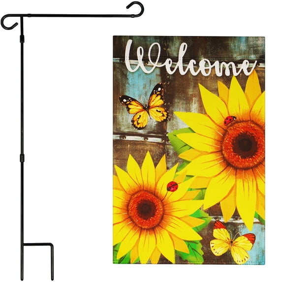 G128 Combo Pack: Garden Flag Stand Black 36 in x 16 in & Garden Flag Summer Decoration Welcome Sunflowers and Butterflies 12"x18" Double-Sided Blockout Fabric