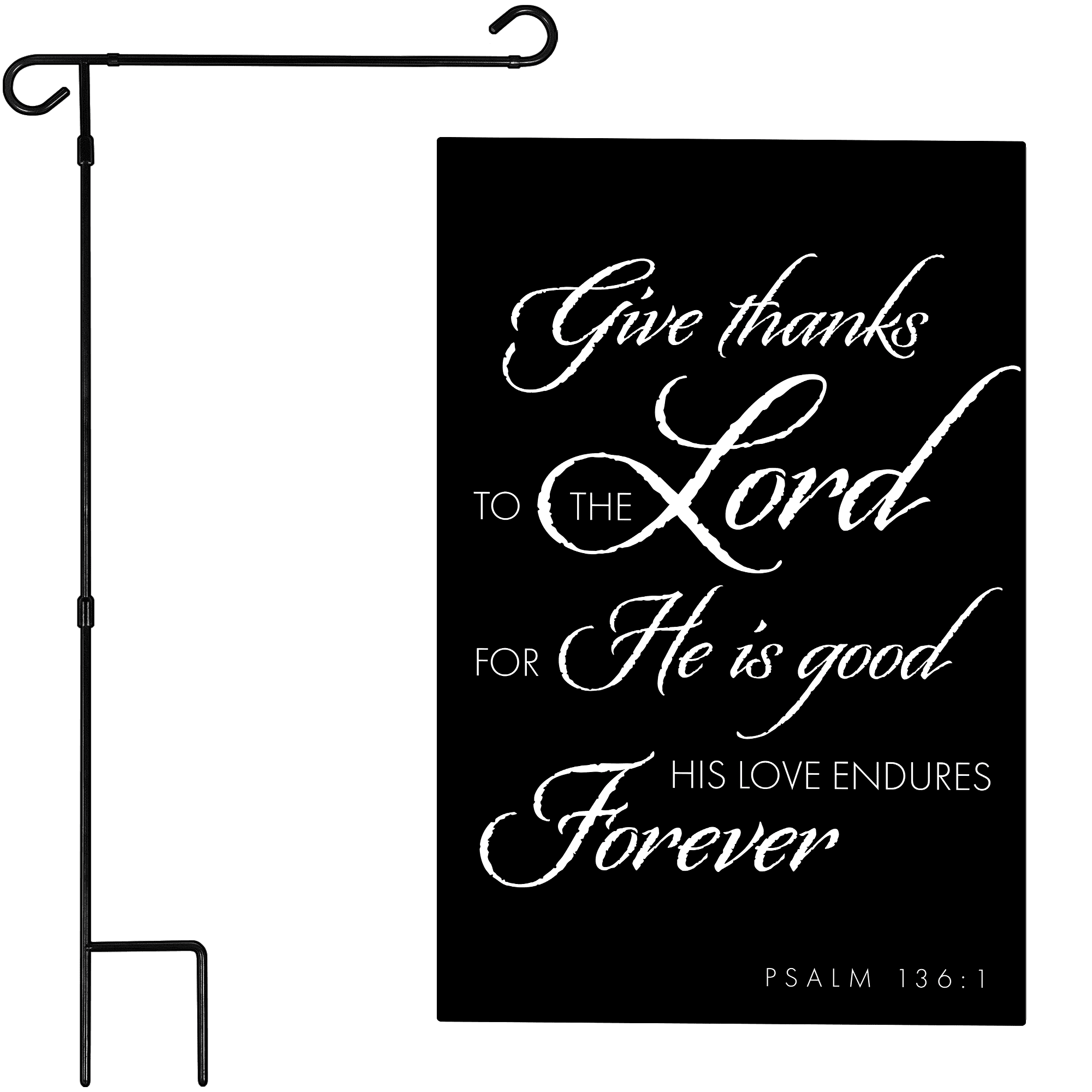 G128 Combo Pack: Garden Flag Stand Black 36x16IN & Garden Flag Give Thanks to the Lord Scripture Printed 12x18IN Double Sided Yard Lawn Decoration