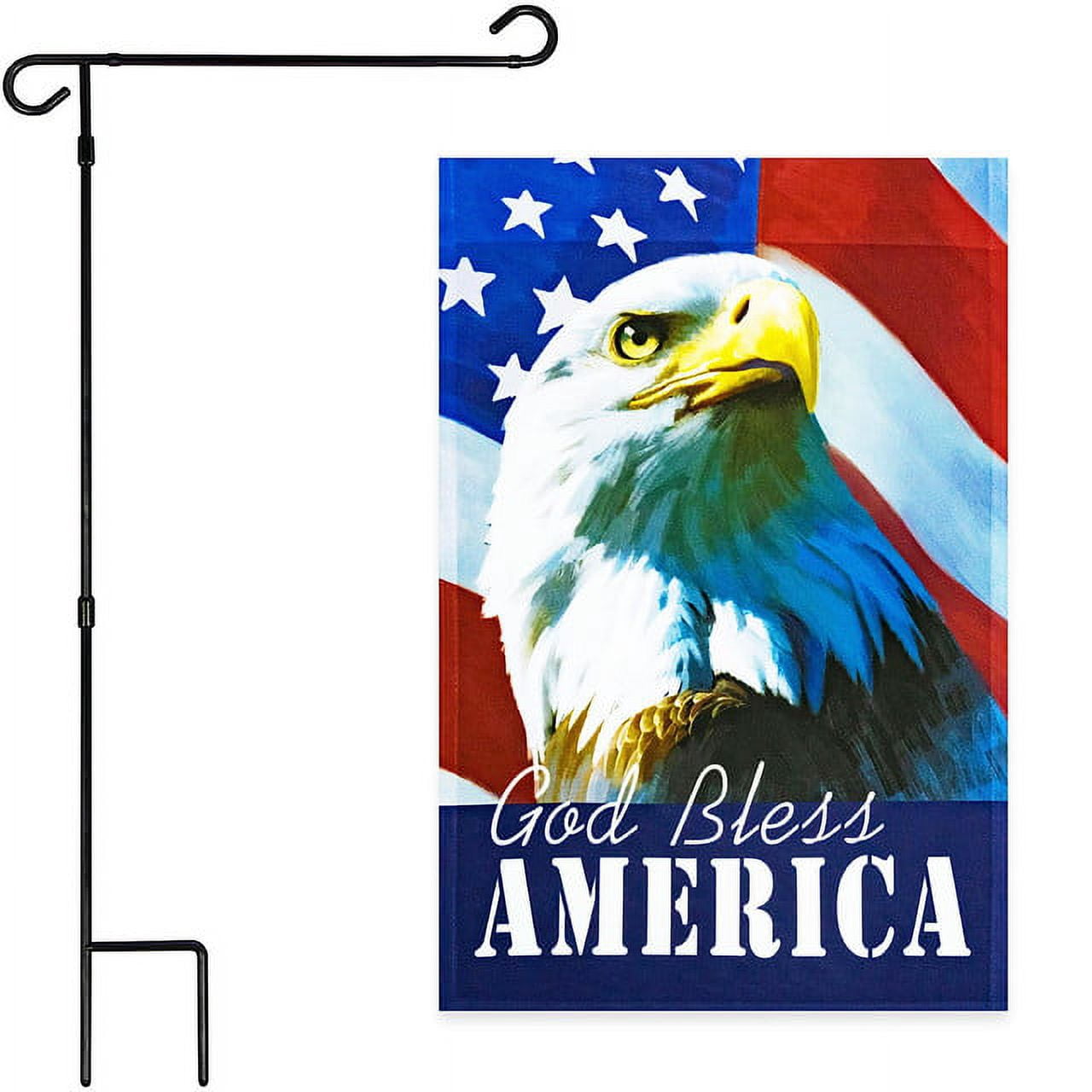 G128 Combo Pack: Garden Flag Stand Black 36x16IN & Garden Flag God Bless America USA Flag with Eagle 12x18IN