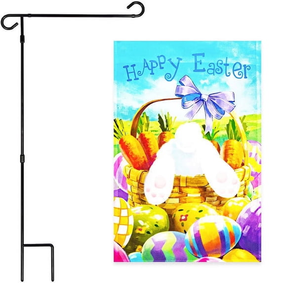 G128 2sets: 36"x16" Flag Stand & 12"x18" Garden Flag Happy Easter Carrots Colorful Eggs with Bunny Basket