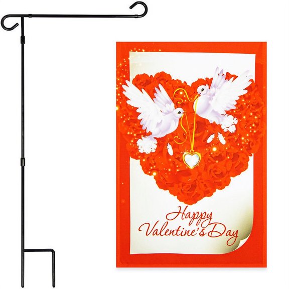 G128 2sets: 36"x16" Garden Flag Stand Black & 12"x18" Valentines Day Garden Flag Doves
