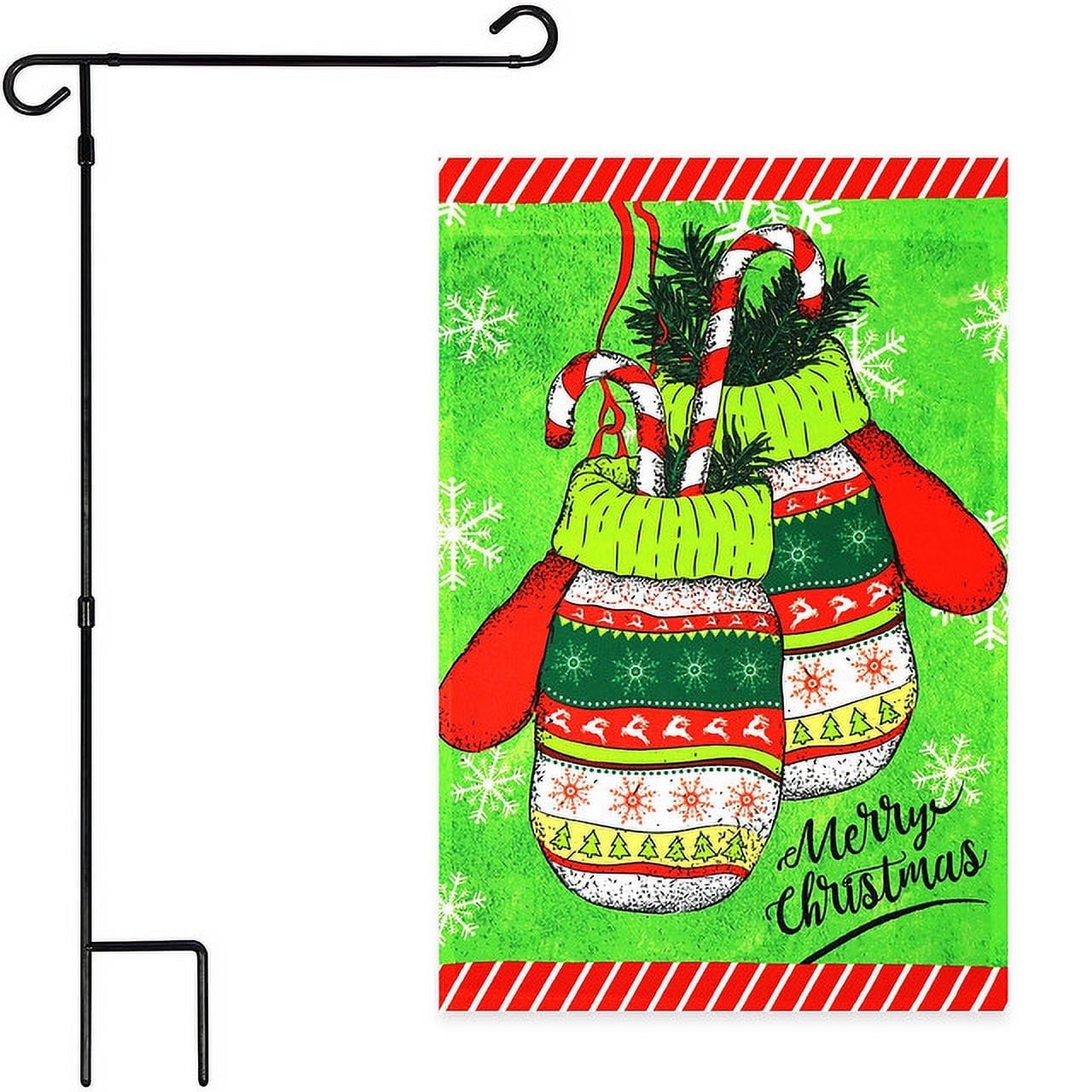 G128 2sets: 36"x16" Garden Yard Flag Stand Stake Black & 12"x18" Christmas Garden Flag Mittens Outside