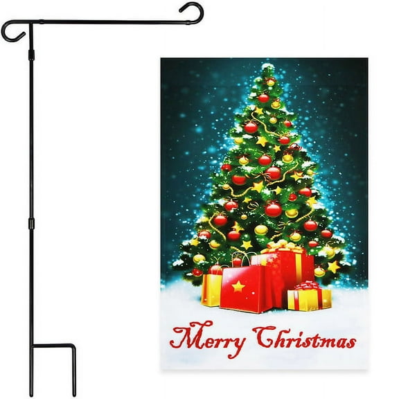 G128 2sets: 36"x16" Garden Yard Flag Stand Black & 12"x18" Christmas Tree Garden Flag with Gifts