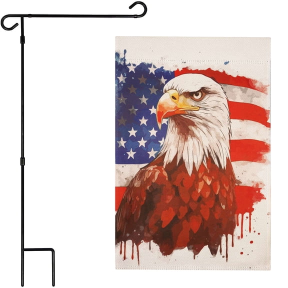G128 Combo Pack Garden Flag Stand Black 36x16IN & Garden Flag Patriotic Bald Eagle Printed 12x18IN Double Sided Yard Garden Lawn Decoration