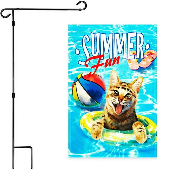G128 Combo Pack: Garden Flag Stand Black 36x16IN & Garden Flag Summer Fun with Cat in Pool 12x18IN