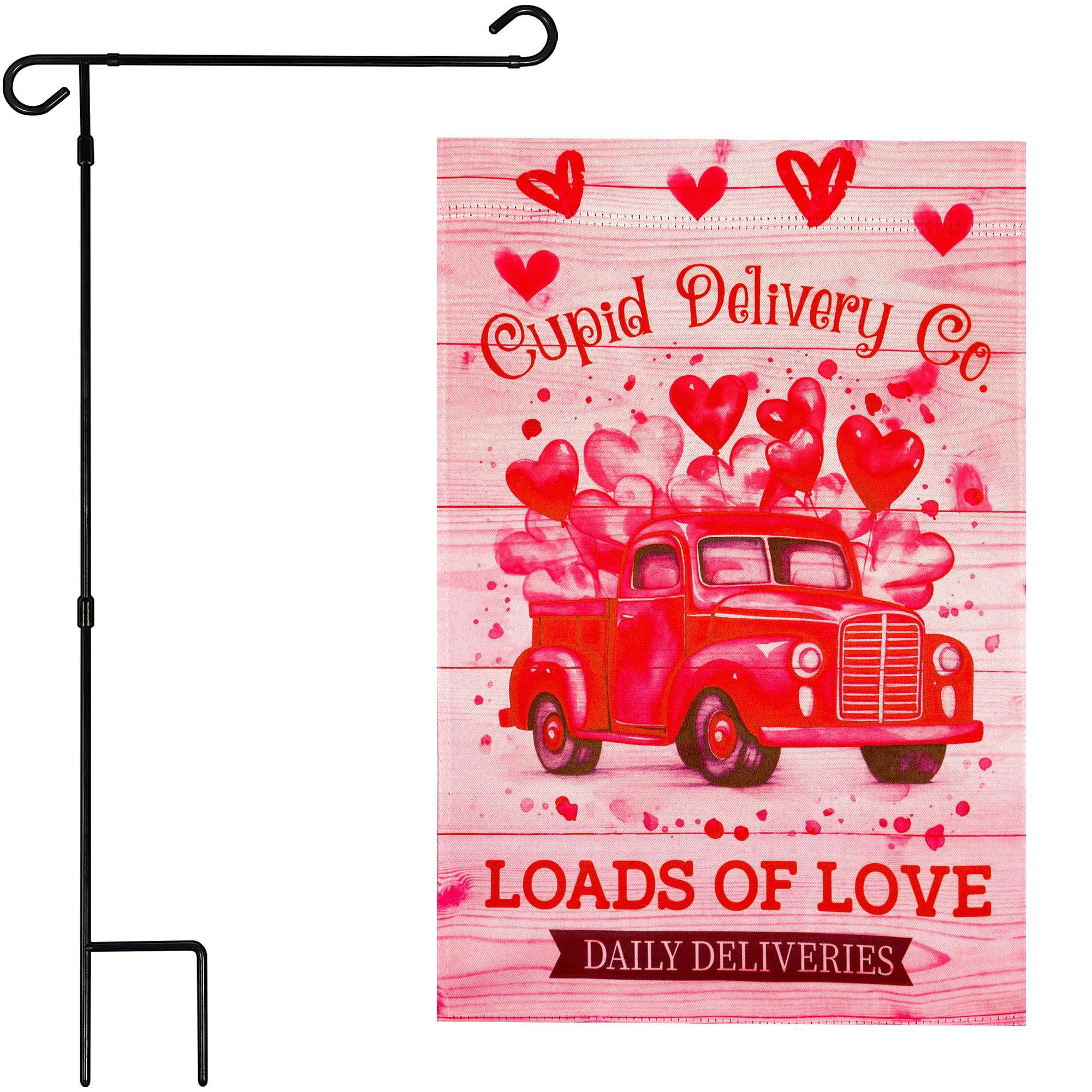 G128 Combo Pack Garden Flag Stand Black 36x16IN & Garden Flag Valentine’s Day Cupid Delivery Truck Printed 12x18IN Double Sided Yard Garden Lawn Decoration