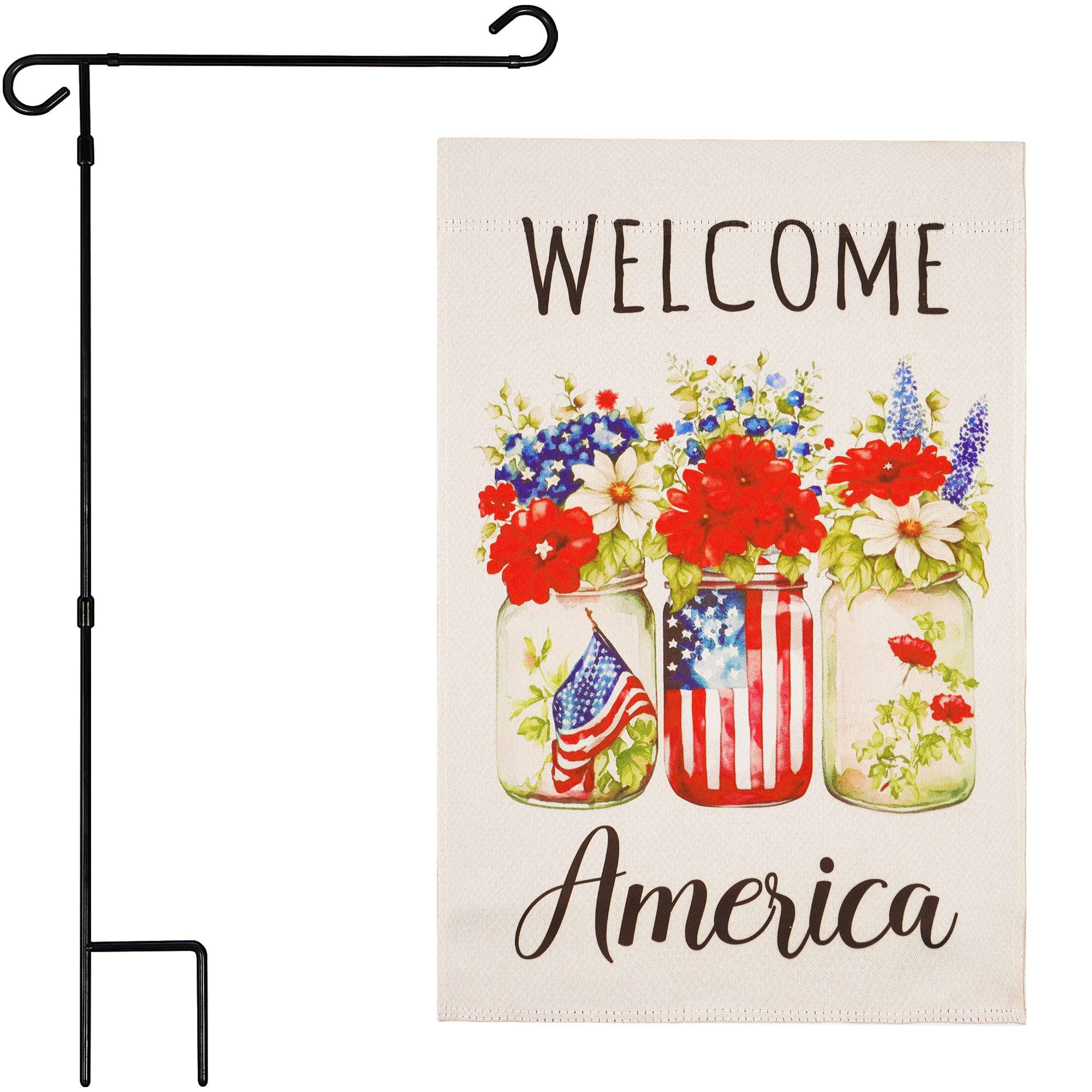 G128 Combo Pack Garden Flag Stand Black 36x16IN & Garden Flag Welcome America Mason Jars Printed 12x18IN Double Sided Yard Garden Lawn Decoration