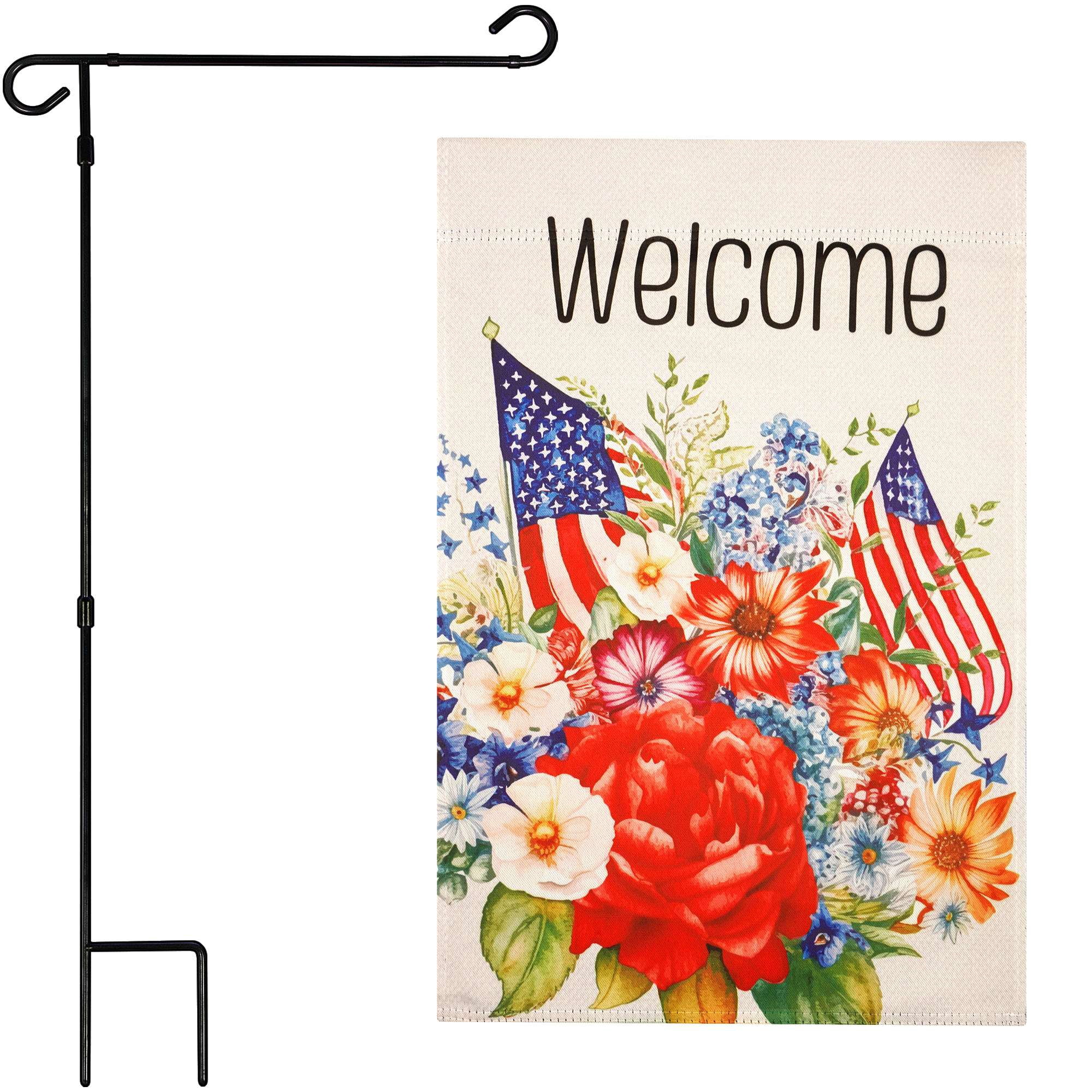 G128 Combo Pack Garden Flag Stand Black 36x16IN & Garden Flag Welcome American Flag Flowers Printed 12x18IN Double Sided Yard Garden Lawn Decoration