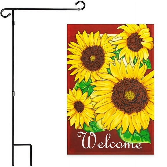 G128 Combo Pack: Garden Flag Stand Black 36x16IN & Garden Flag Welcome Four Sunflowers Red 12x18IN
