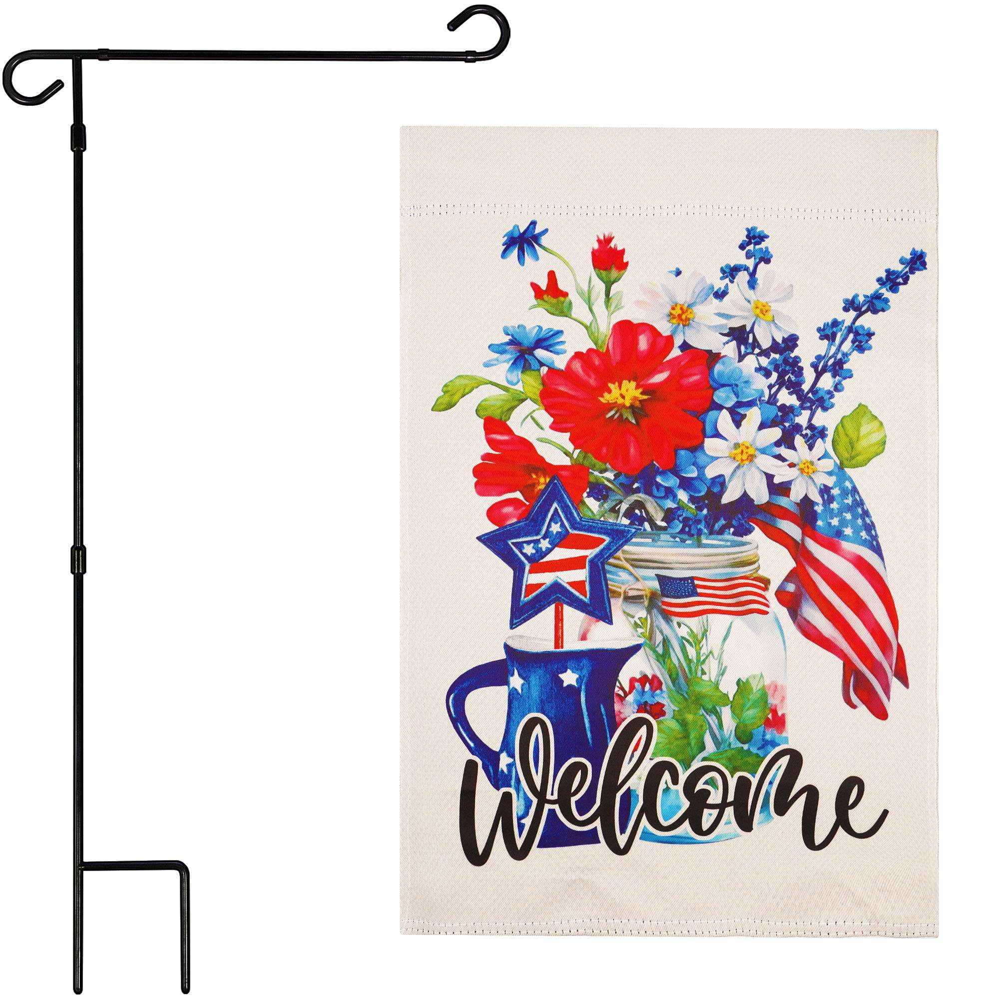 G128 Combo Pack Garden Flag Stand Black 36x16IN & Garden Flag Welcome Patriotic Mason Jar Printed 12x18IN Double Sided Yard Garden Lawn Decoration