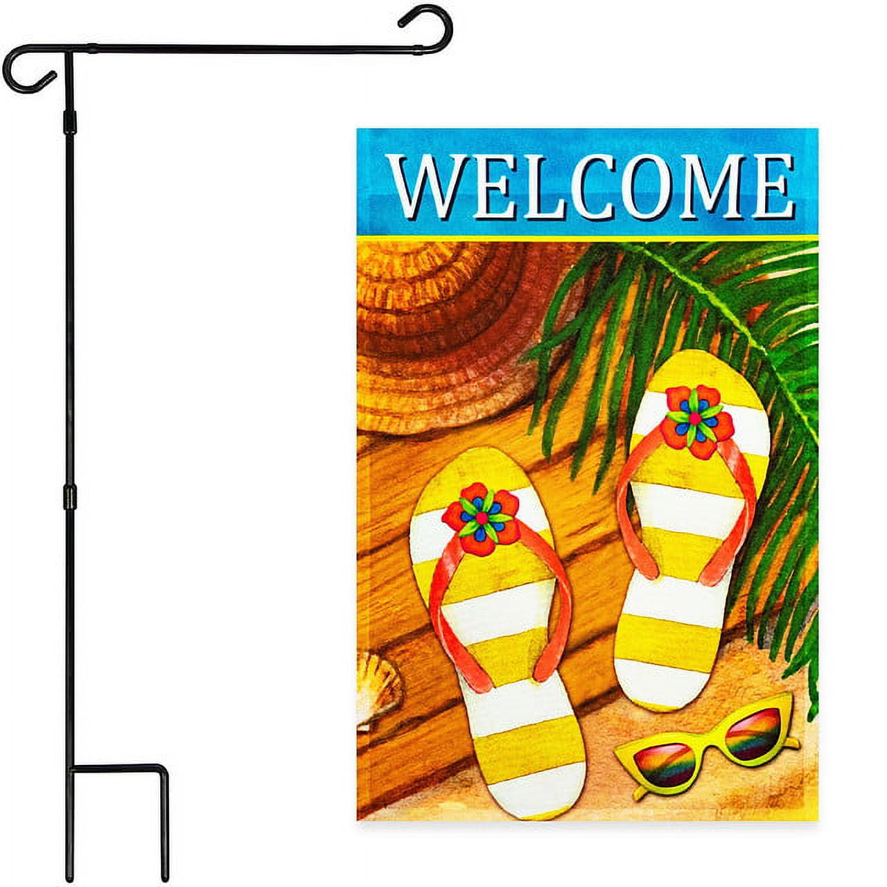 G128 Combo Pack: Garden Flag Stand Black 36x16IN & Garden Flag Welcome Summer Sandals Sunglasses 12x18IN