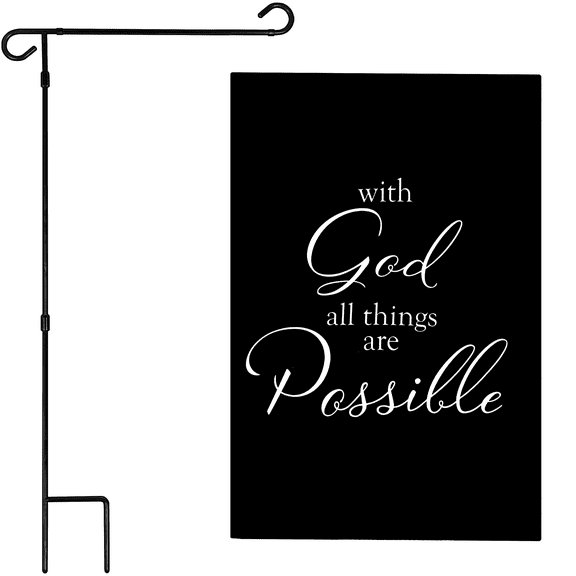 G128 Combo Pack Garden Flag Stand Black 36x16IN & Garden Flag With God All Things Possible Printed 12x18IN Double Sided Yard Garden Lawn Decoration