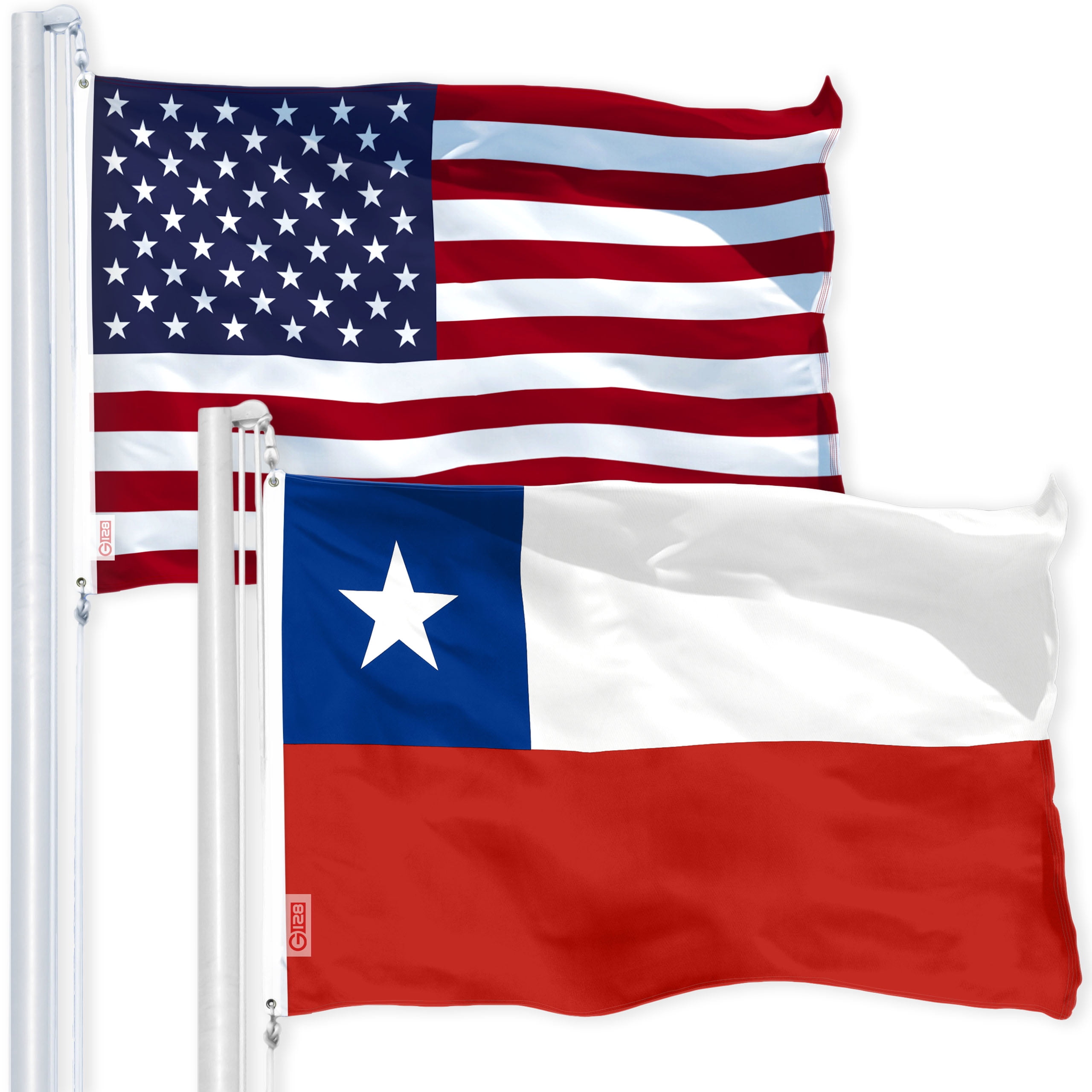 G128 Combo Pack: USA American Flag 3x5 Ft 150D Printed Stars & Chile (Chilean) Flag 3x5 Ft 150D Printed