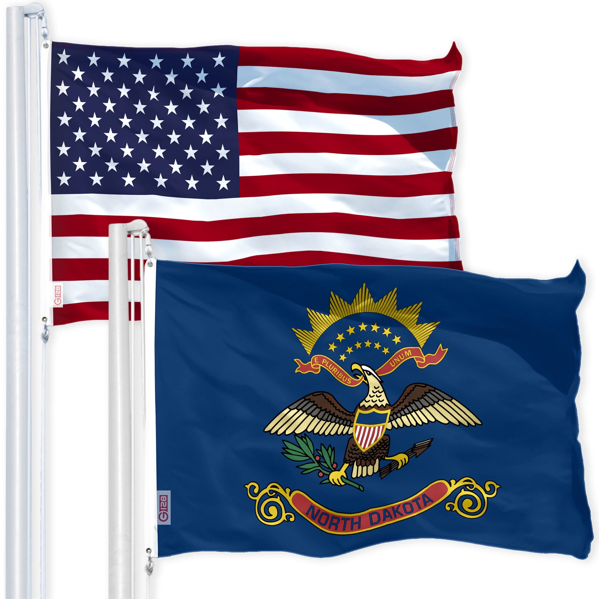 G128 Combo Pack: USA American Flag 3x5 Ft 150D Printed Stars & North Dakota State Flag 3x5 Ft 150D Printed