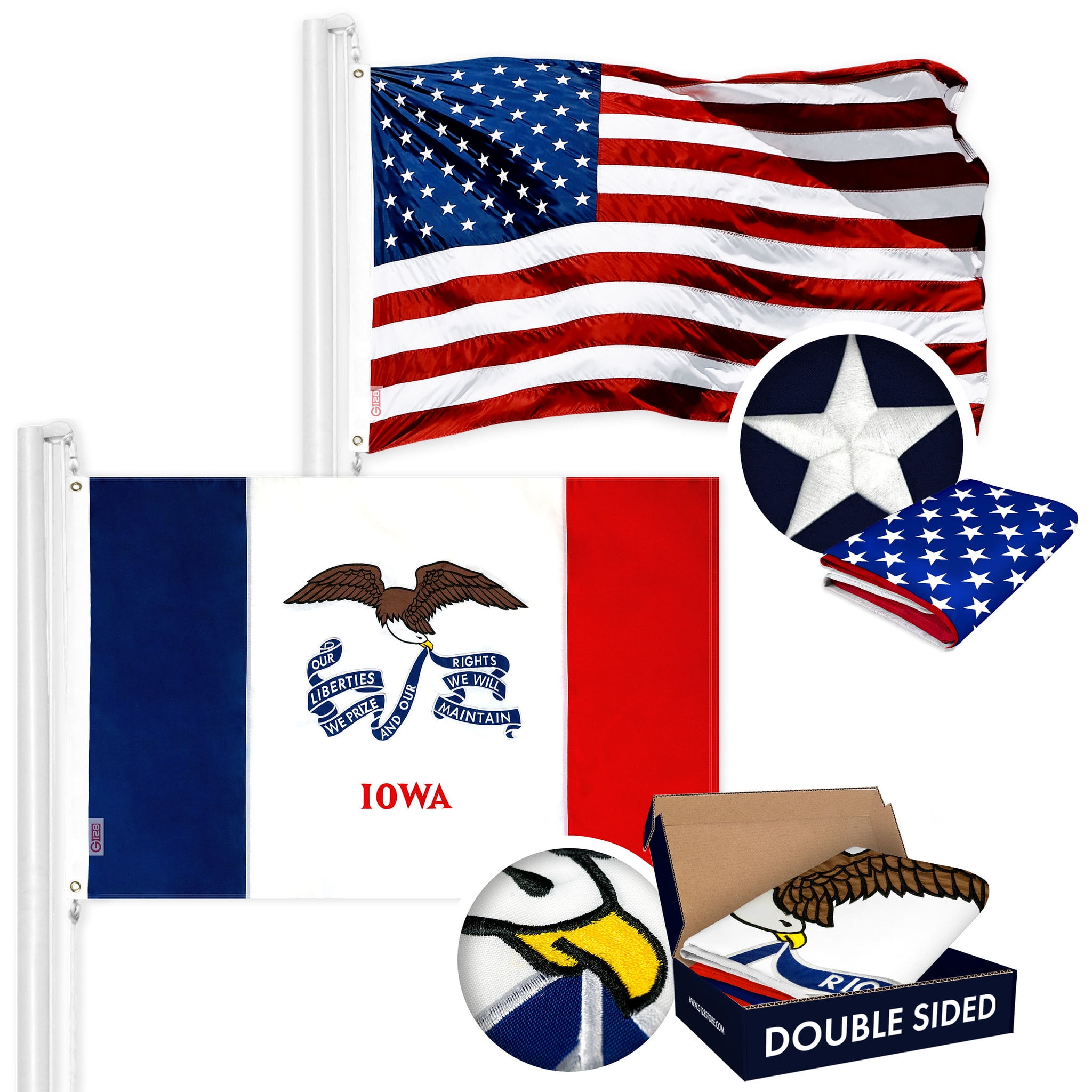 G128 Combo Pack: USA American Flag 3x5 Ft Embroidered Stars & Iowa State Flag 3x5 Ft Embroidered Double Sided 3ply