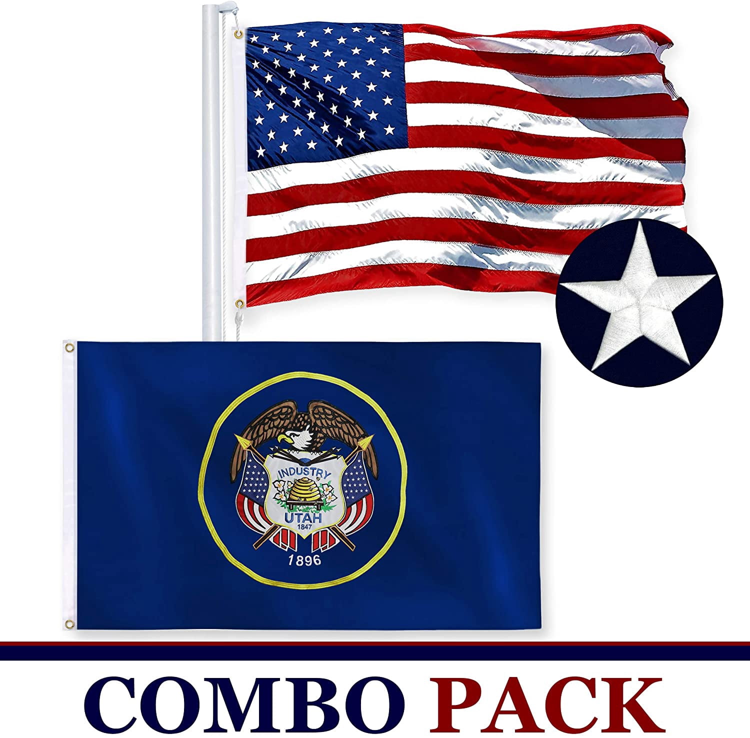 G128 Combo Pack: USA American Flag 3x5 Ft Embroidered Stars & Utah State Flag 3x5 Ft Embroidered Double Sided 2ply