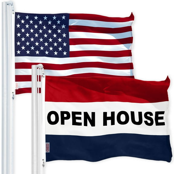 G128 Combo Pack: USA American Flag 3x5 ft 150D Printed & Open House Business Flag 3x5 ft 150D Printed