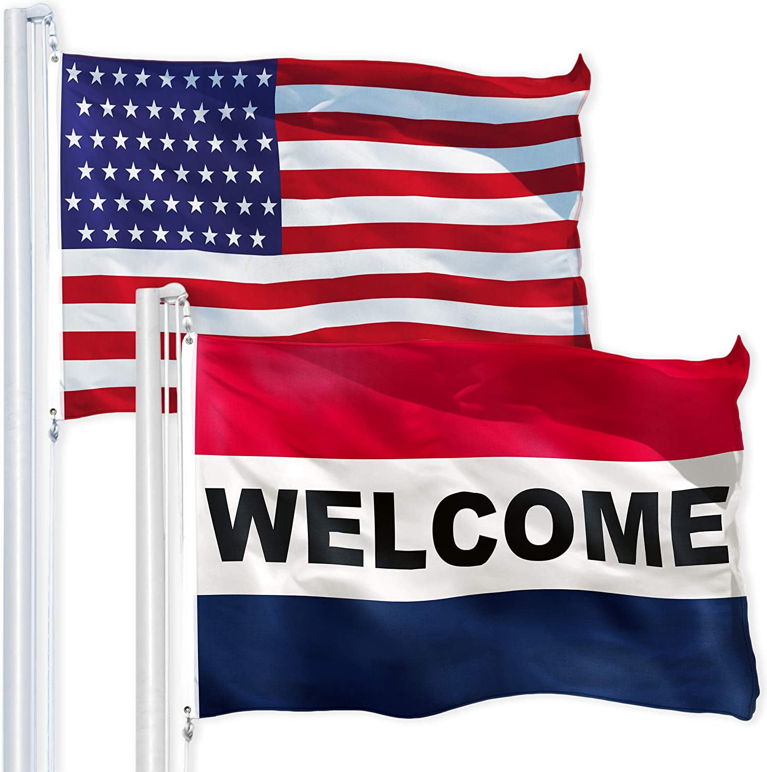 G128 Combo Pack: USA American Flag 3x5 ft 150D Printed & Welcome Business Flag 3x5 ft 150D Printed