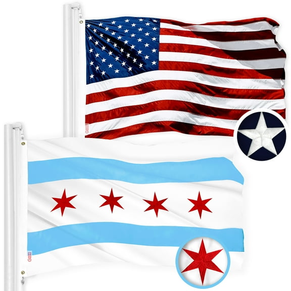 G128 Combo Pack: USA American Flag & Chicago Flag 2x3 Ft Embroidered 300D Polyester, Indoor/Outdoor, Brass Grommets