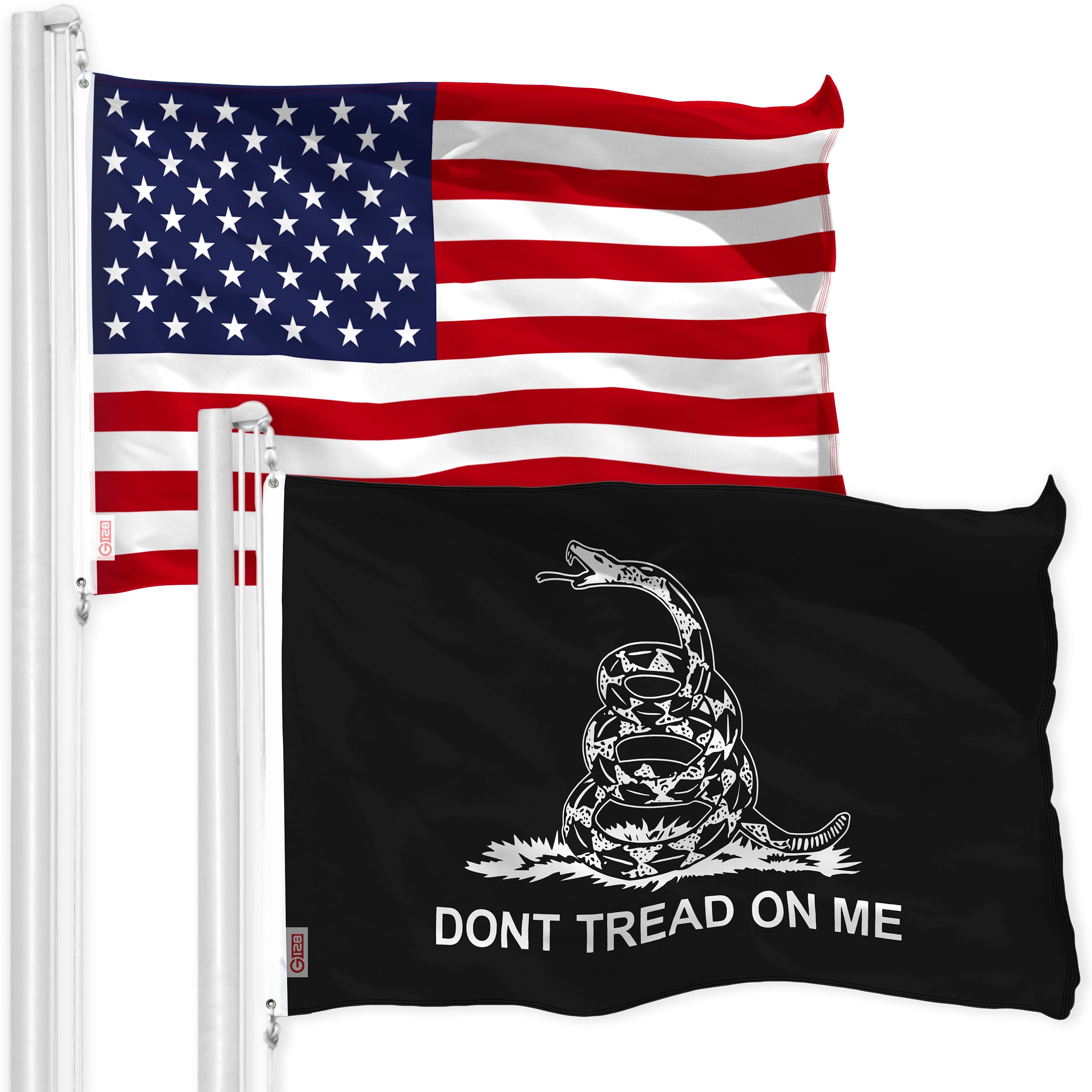 G128 Combo Pack: USA American Flag & Gadsden Black/White Flag 3x5 FT Printed 150D Polyester