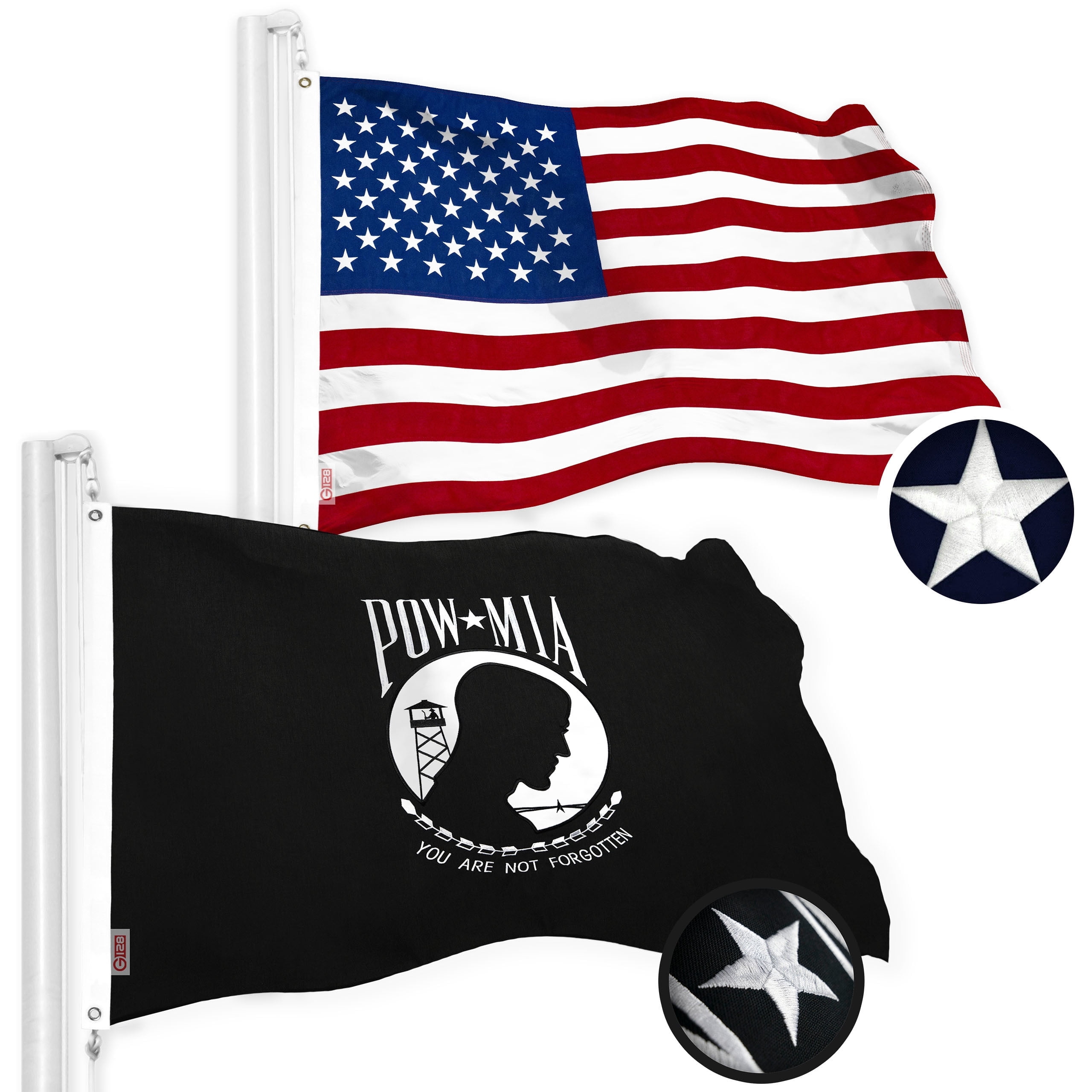 G128 Combo Pack USA American Flag & POW MIA Flag 2x3 ft, Embroidered Spun Polyester with Brass Grommets for Indoor or Outdoor Use