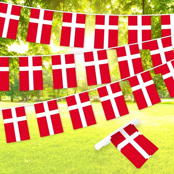 G128 Denmark Danish Bunting Banner | Flag 8.2 x 5.5 Inch, Full String 33 Feet | Printed 150D Polyester, Decorations For Bar, School, Festival Events Celebration