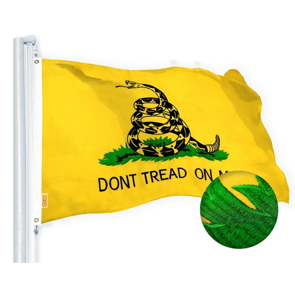 G128 Dont Tread on Me (Gadsden) Flag | 2.5x4 feet | Heavy Duty Spun Polyester 220GSM Embroidered Tough, Durable, Indoor/Outdoor, Vibrant Colors, Brass Grommets