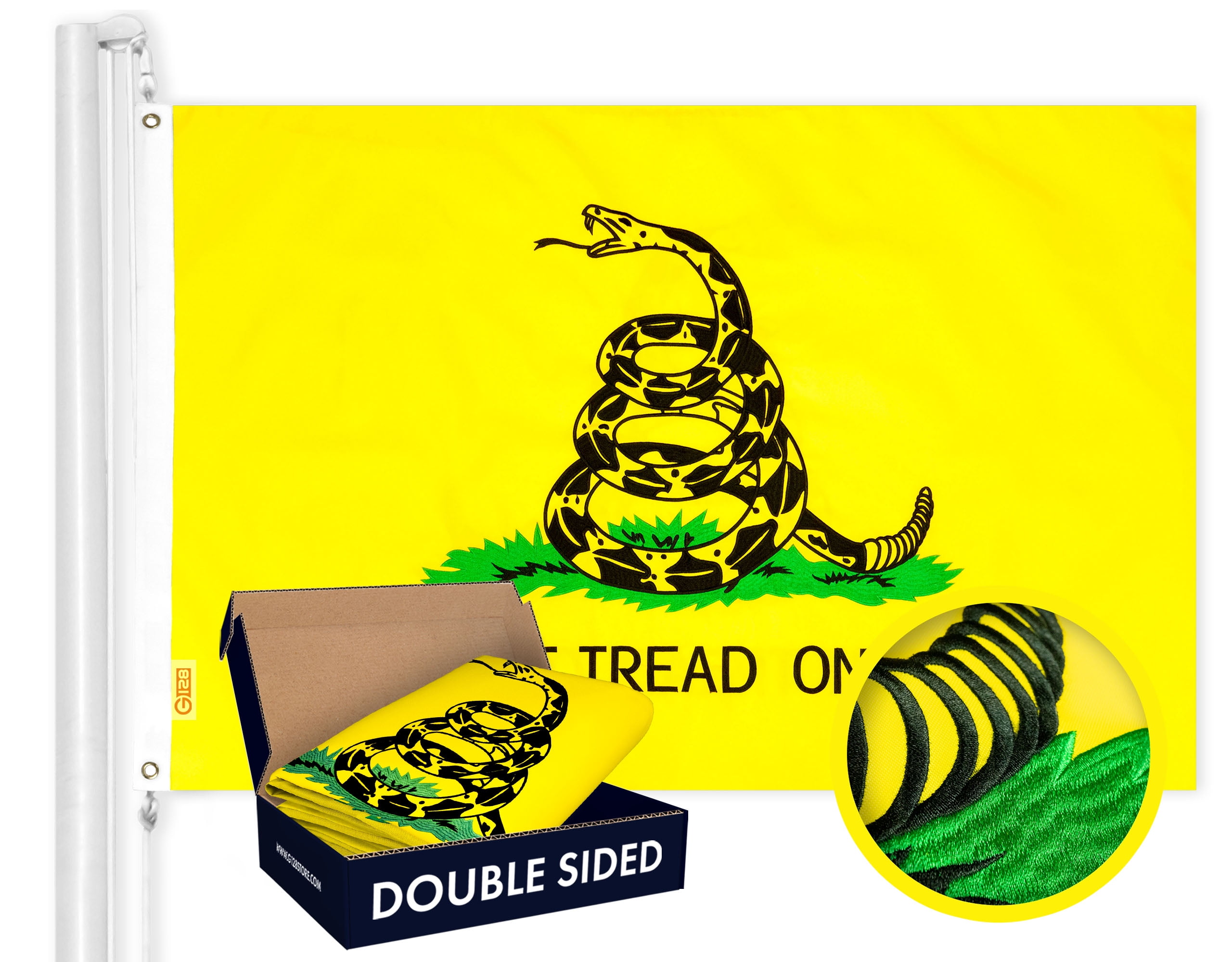 G128 - "Dont Tread on Me" (Gadsden) Flag | 3x5 feet | Double Sided Embroidered 210D - Indoor/Outdoor, Vibrant Colors, Brass Grommets, Heavy Duty Polyester, 3-ply