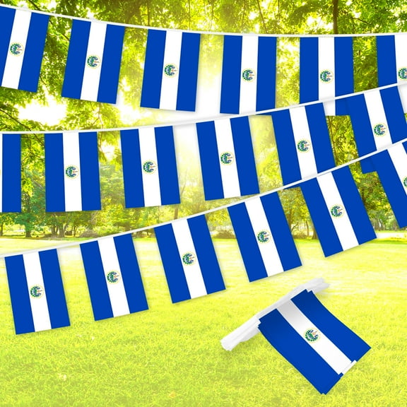 G128 El Salvador Salvadoran Bunting Banner | Flag 8.2 x 5.5 Inch, Full String 33 Feet | Printed 150D Polyester, Decorations For Bar, School, Festival Events Celebration