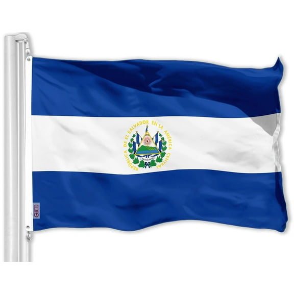 G128 El Salvador Flag, 3x5 ft, Printed 150D Polyester, Vibrant Colors, Brass Grommets, Outdoor Use