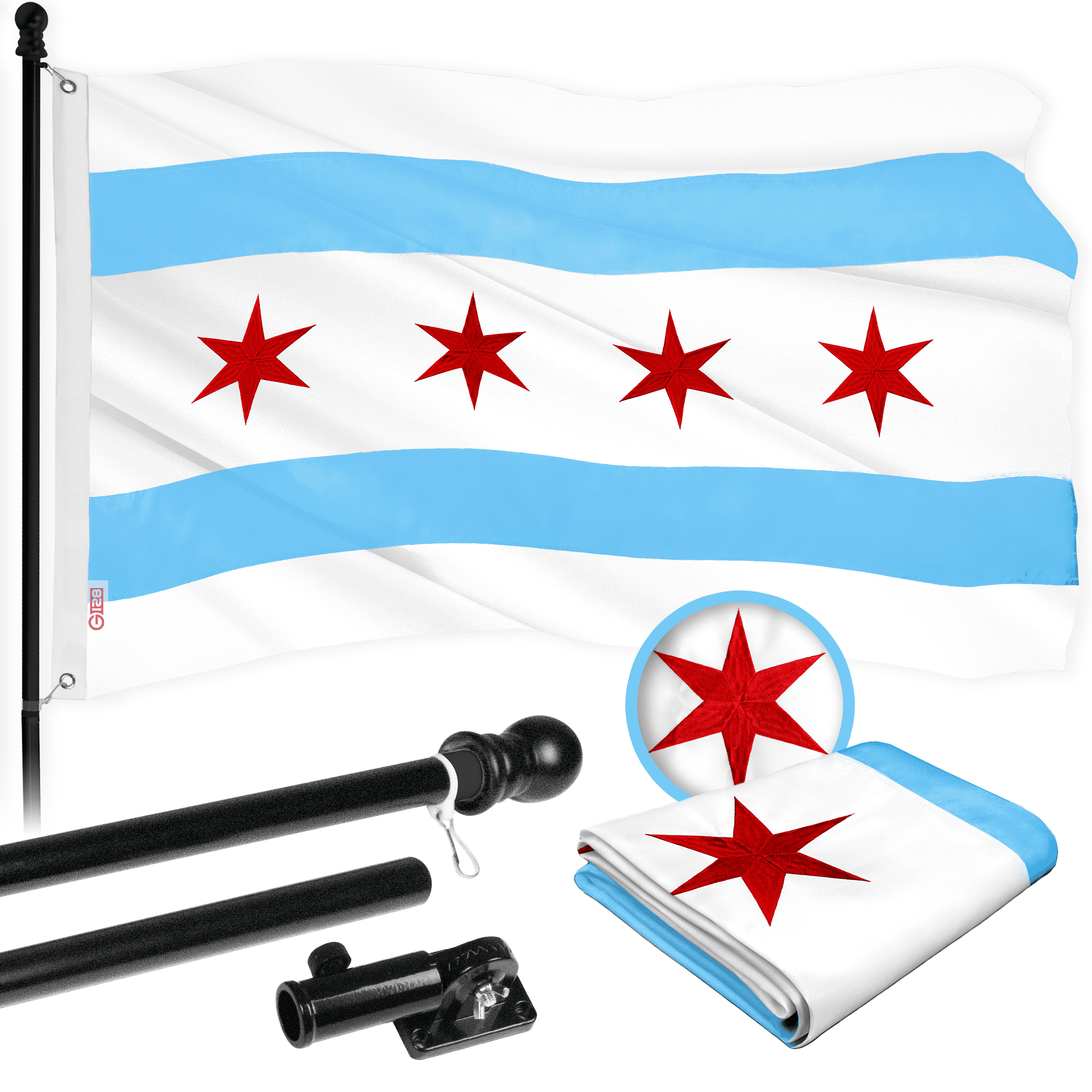 G128 Flag Pole 5 FT Black Tangle Free & Chicago Flag 2x3 FT Combo Embroidered 300D Polyester