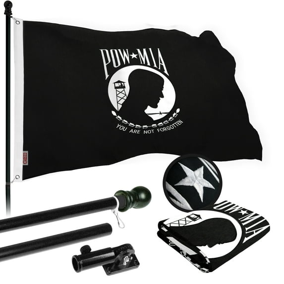 G128 Flag Pole 5 FT Black Tangle Free & POW MIA Flag Emb 2x3 FT Combo Embroidered Spun Polyester