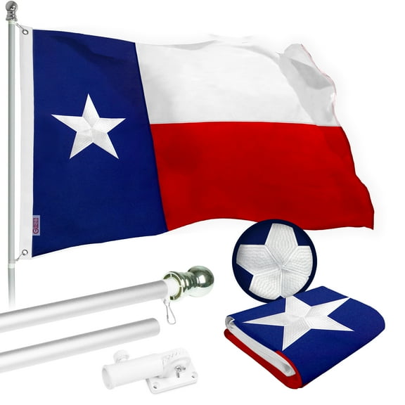 G128 Flag Pole 5 FT Silver Tangle Free & Texas Flag 2x3 FT Combo Embroidered Spun Polyester