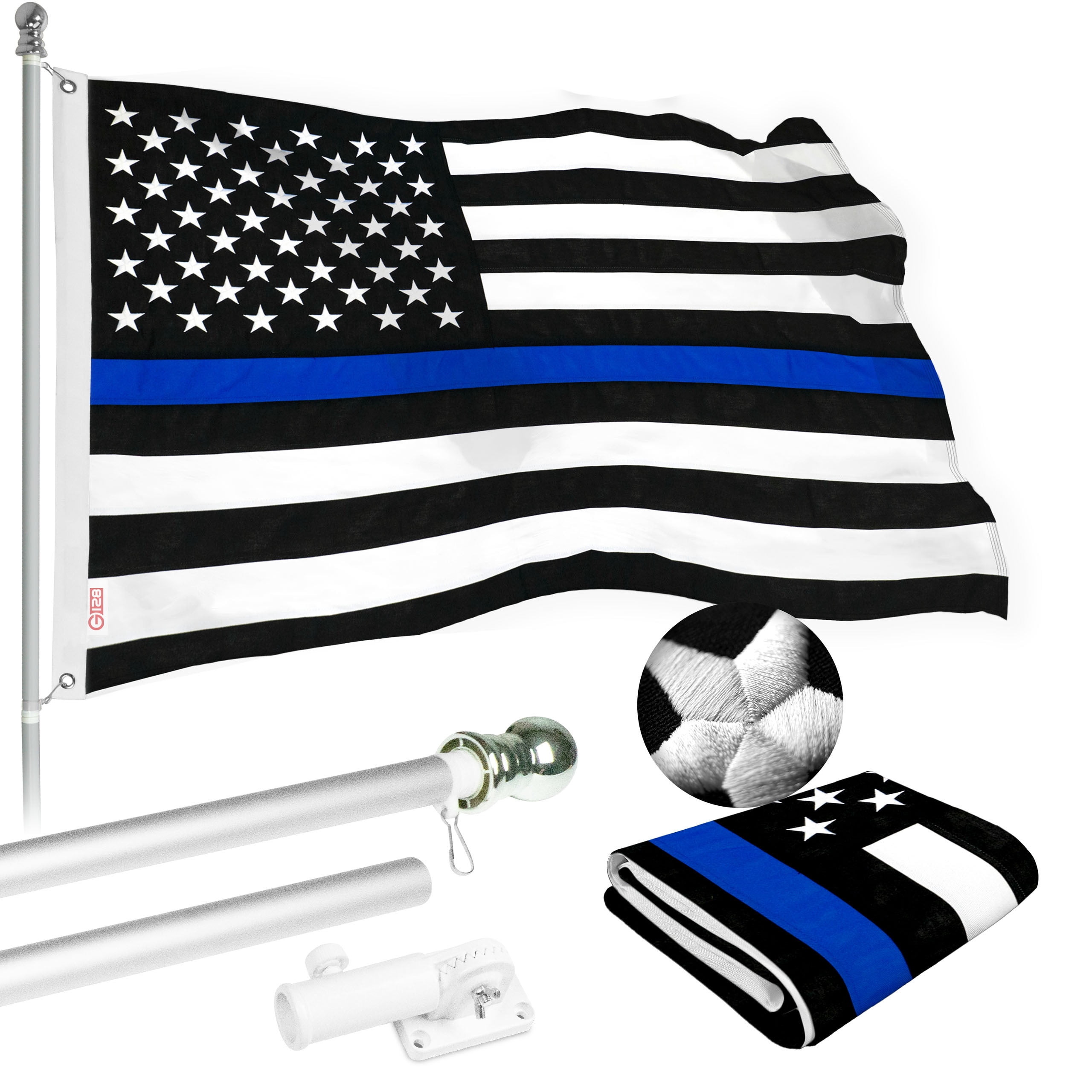 G128 Flag Pole 5 FT Silver Tangle Free & Thin Blue Flag 2.5x4 FT Combo Embroidered Spun Polyester