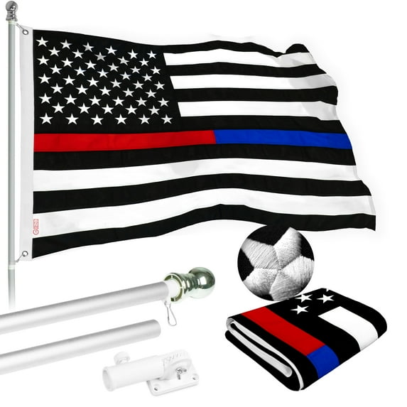 G128 Flag Pole 5 FT Silver Tangle Free & Thin Blue & Red Flag 2x3 FT Combo Embroidered Spun Polyester
