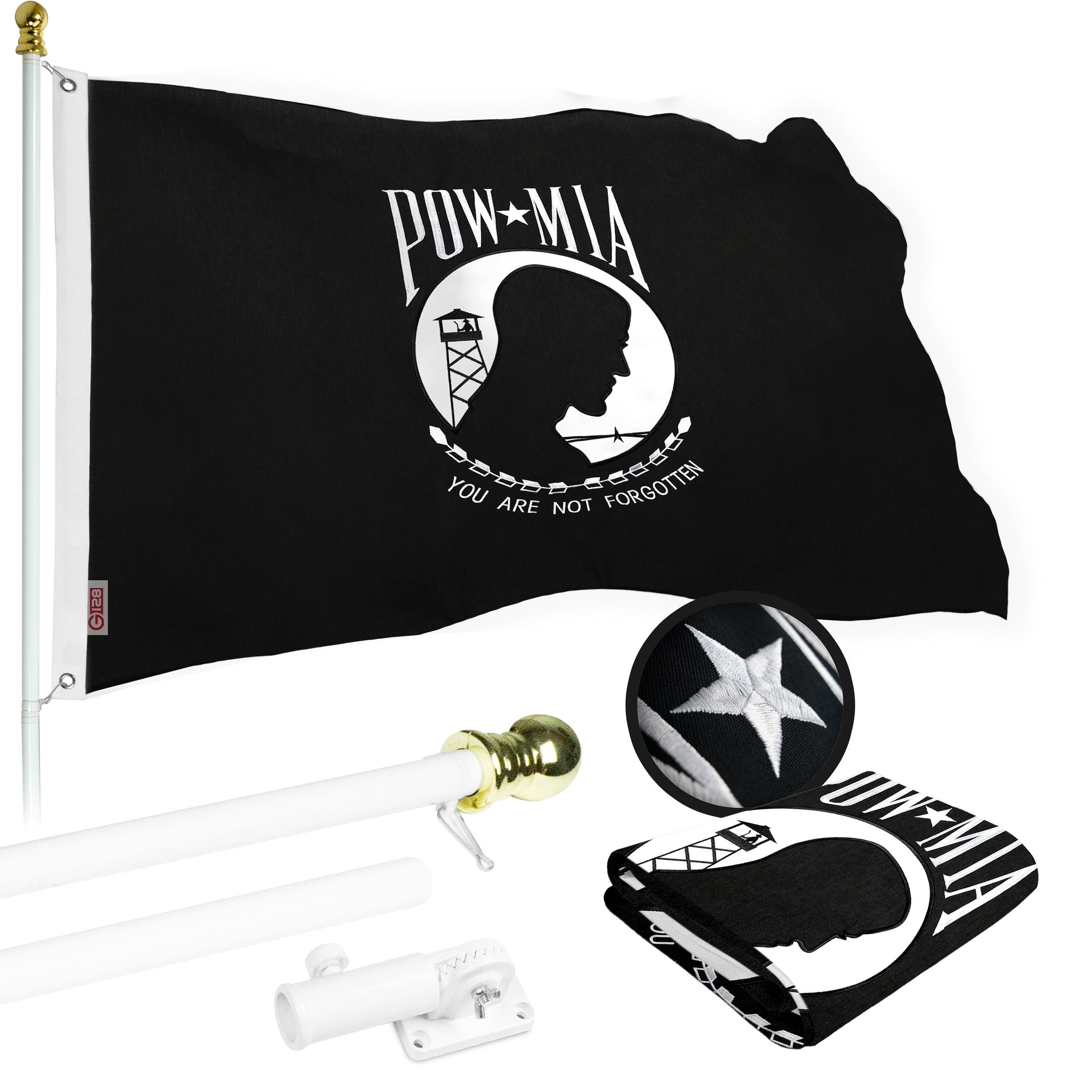 G128 Flag Pole 5 FT White Tangle Free & POW MIA Flag Emb 2.5x4 FT Combo Embroidered Spun Polyester
