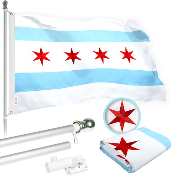 G128 Flag Pole 6 FT Silver Tangle Free & Chicago Flag 3x5 FT Combo Embroidered Spun Polyester