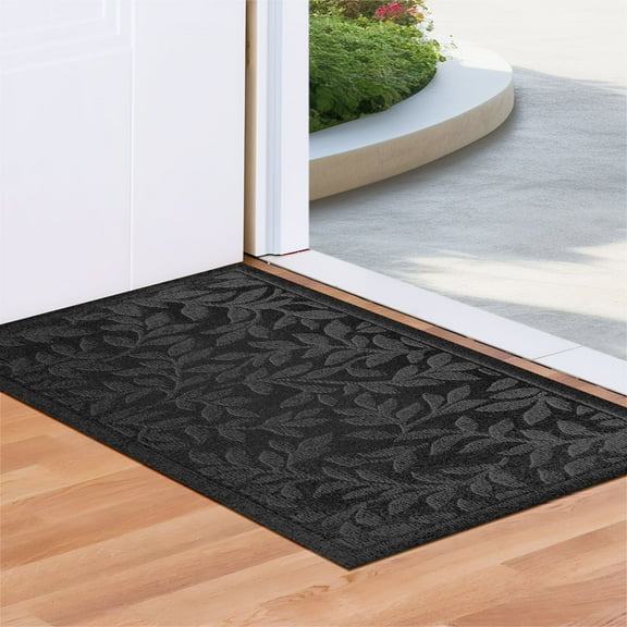 G128 Front Door Mat 29.5x17 Inch, Sturdy Door Mats for Home Entrance Outdoor Indoor, Non-Slip Rubber Backing Low Profile Mat, Black Leaves