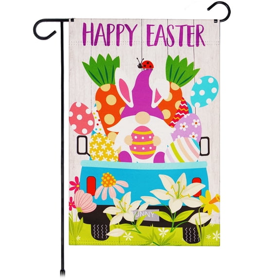 G128 Double Sided Garden Easter Flag 12"x18" Gnome in Truck Holiday Outdoor Decoration Lawn