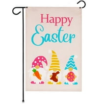 G128 Garden Flag Happy Easter Three Gnomes with Carrot Chocolate Bunny Egg 12"x18" Burlap Fabric